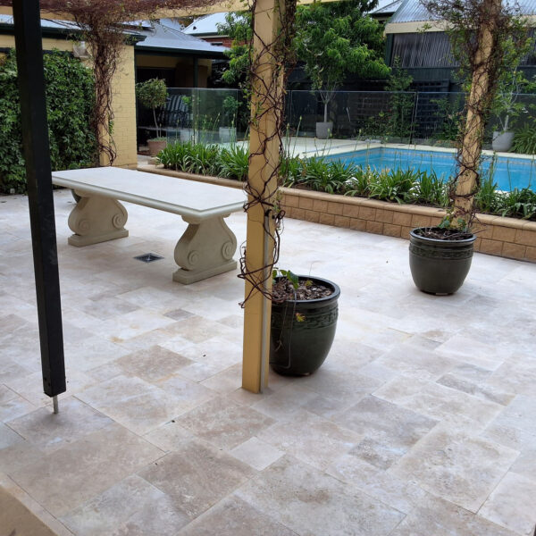 Classic Cream Travertine French Pattern | Precise Landscaping & Earthworths1